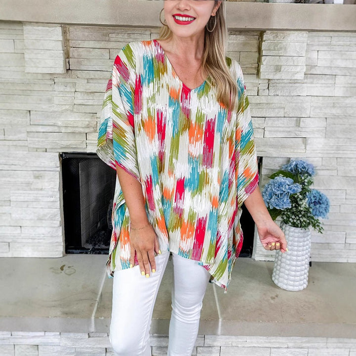 Dames Wijdvallende V-hals Tunic Kleurrijke Abstracte Print
