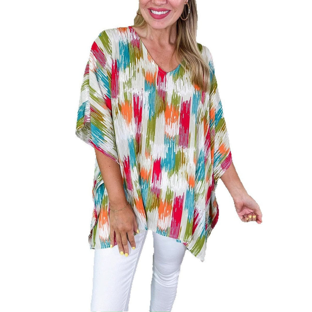 Dames Wijdvallende V-hals Tunic Kleurrijke Abstracte Print