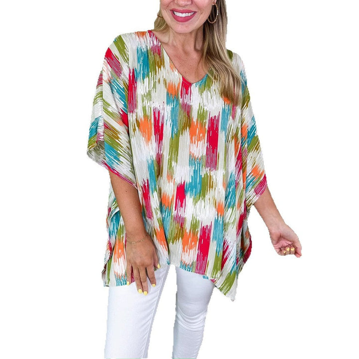 Dames Wijdvallende V-hals Tunic Kleurrijke Abstracte Print