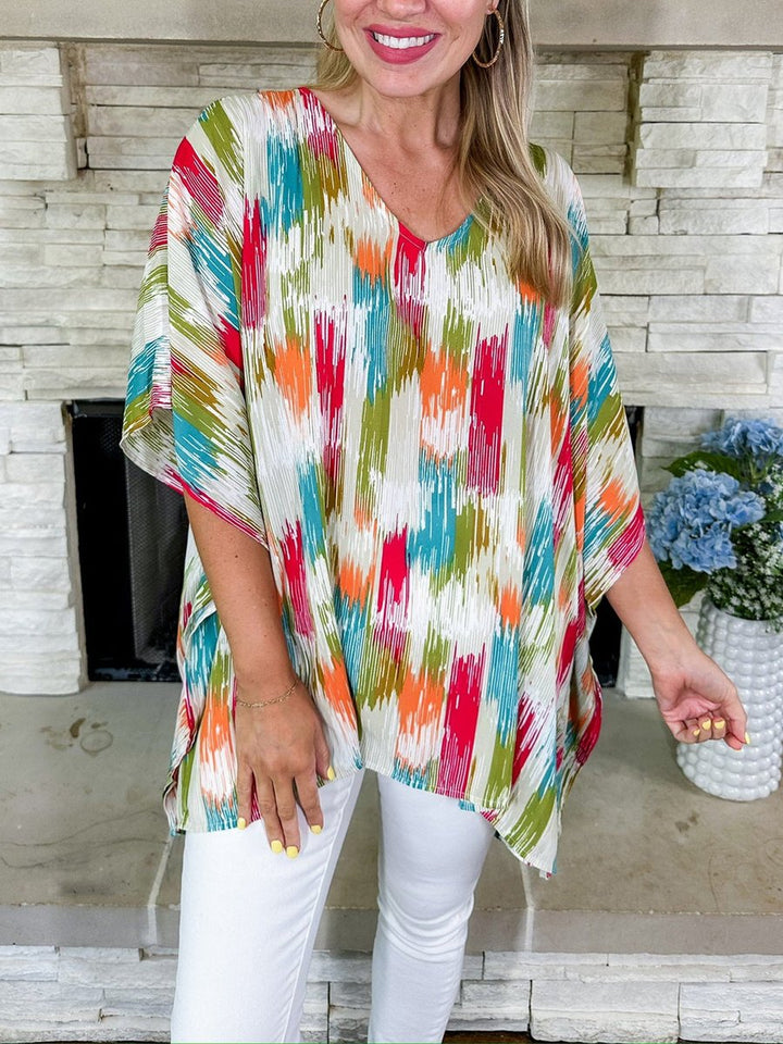 Dames Wijdvallende V-hals Tunic Kleurrijke Abstracte Print - Veelkleurig