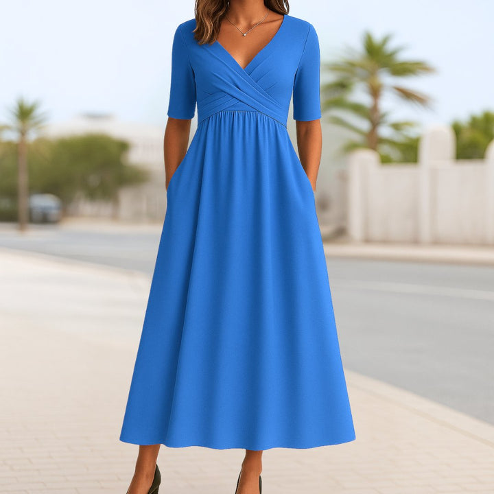 Dames Wikkel A-Lijn Midi Jurk Korte Mouwen - Light Blue