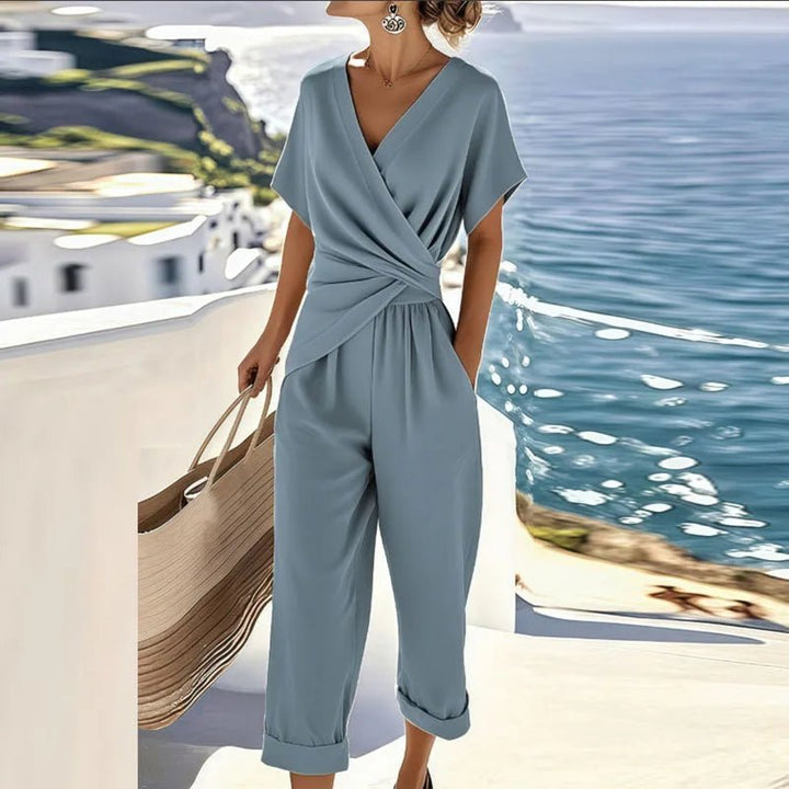 Dames Wikkel V-hals Korte Mouw Relaxed-Fit Jumpsuit - Blue