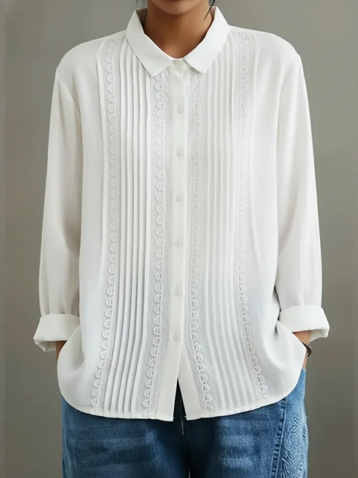 Dames Witte Kant-Geplooide Knoopsluiting Lange Mouw Blouse