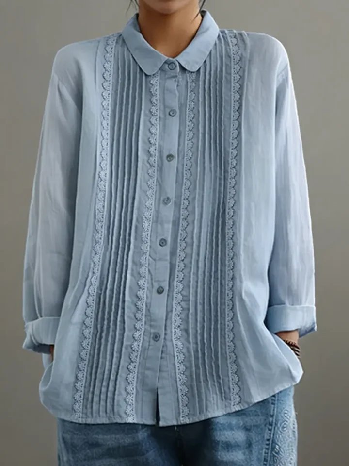 Dames Witte Kant-Geplooide Knoopsluiting Lange Mouw Blouse - Light Blue