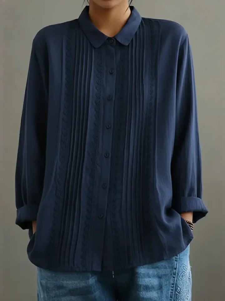 Dames Witte Kant-Geplooide Knoopsluiting Lange Mouw Blouse - Blue