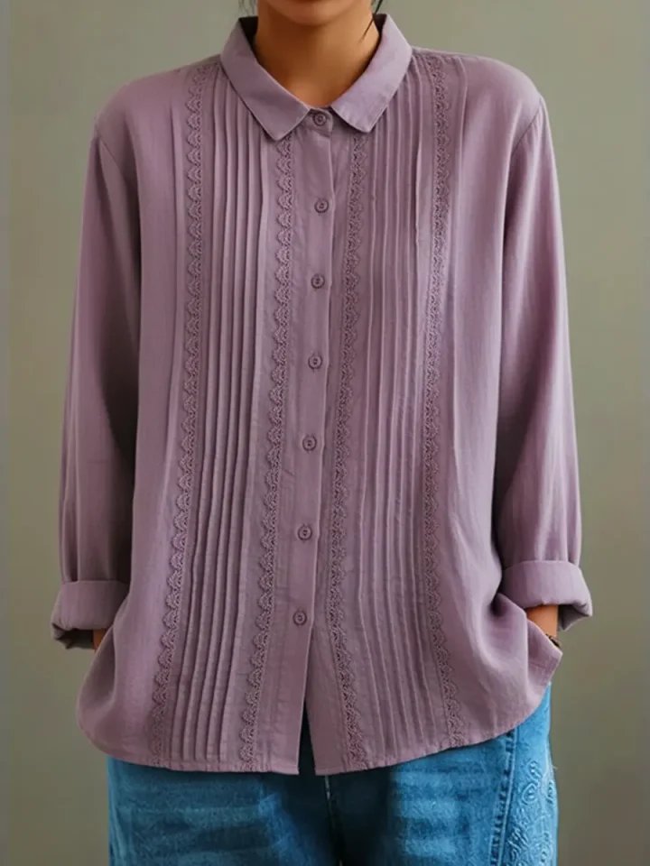 Dames Witte Kant-Geplooide Knoopsluiting Lange Mouw Blouse - Purple