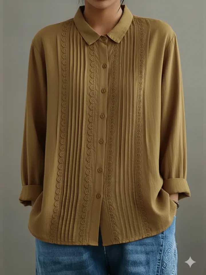 Dames Witte Kant-Geplooide Knoopsluiting Lange Mouw Blouse - Beige