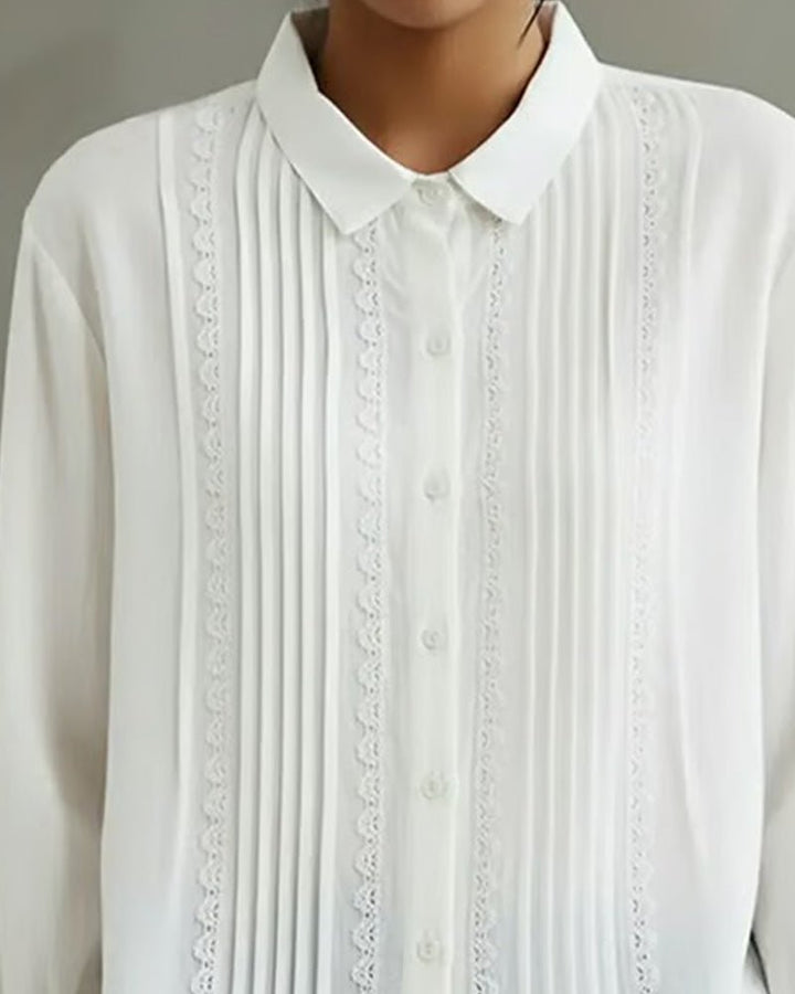 Dames Witte Kant-Geplooide Knoopsluiting Lange Mouw Blouse