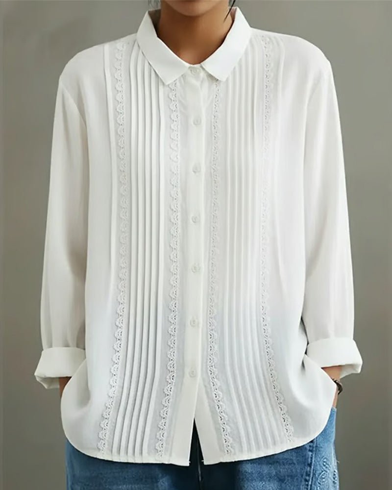 Dames Witte Kant-Geplooide Knoopsluiting Lange Mouw Blouse - White