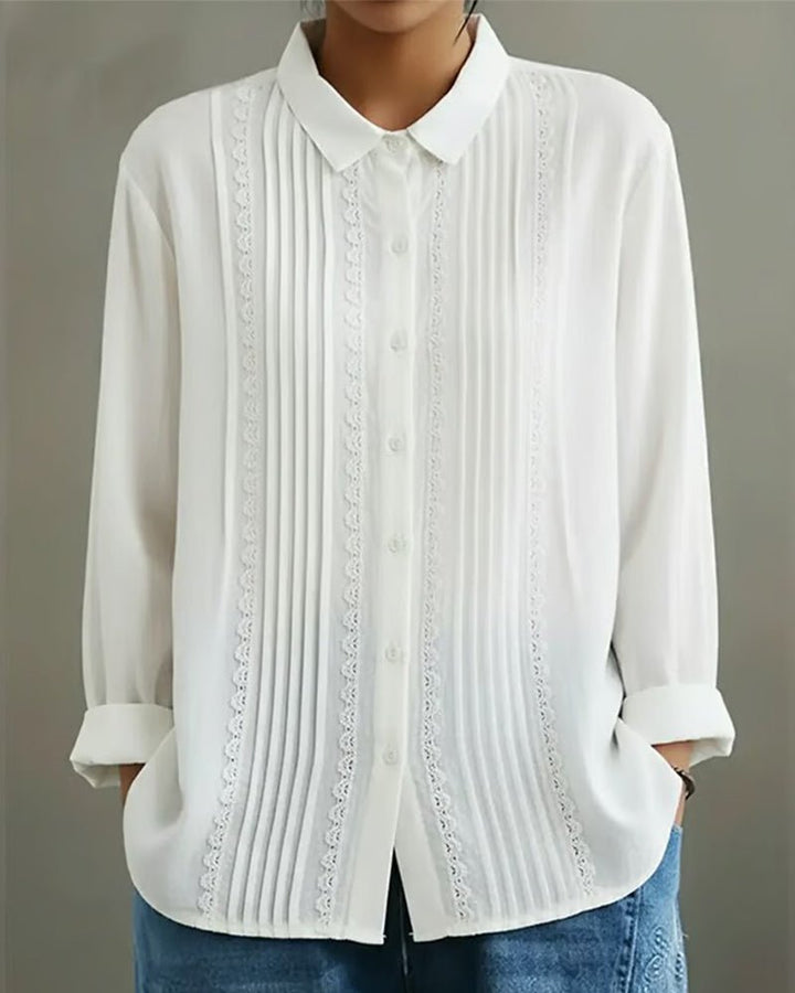 Dames Witte Kant-Geplooide Knoopsluiting Lange Mouw Blouse - White