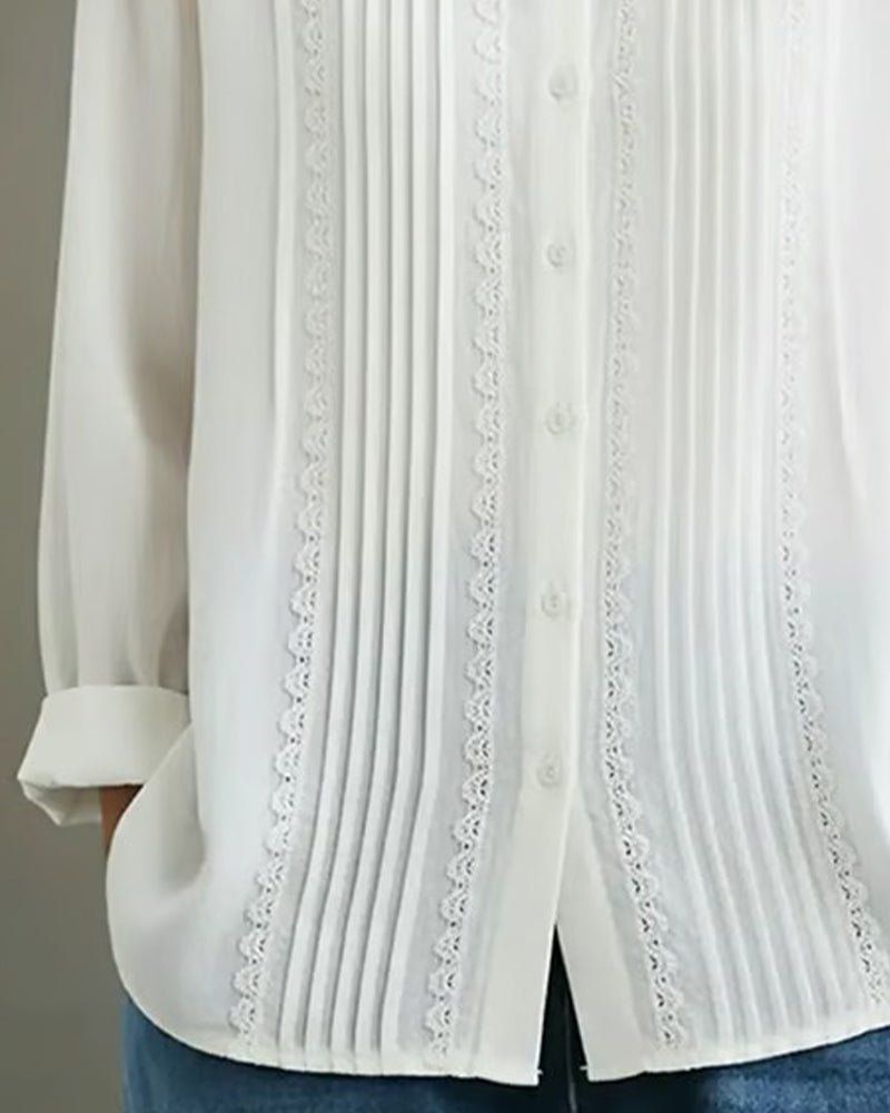 Dames Witte Kant-Geplooide Knoopsluiting Lange Mouw Blouse