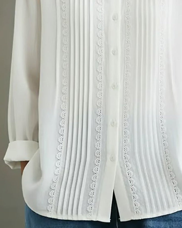 Dames Witte Kant-Geplooide Knoopsluiting Lange Mouw Blouse