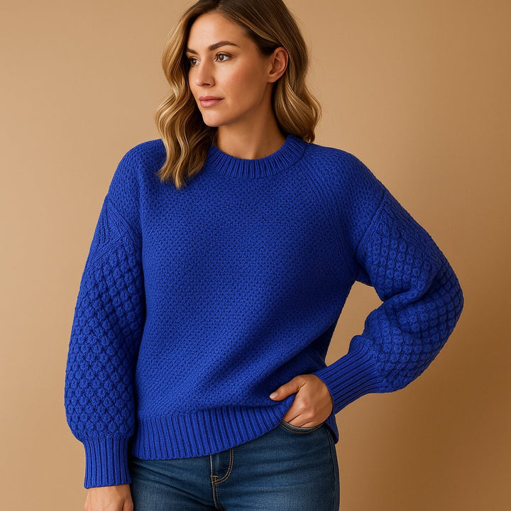 Dames Zachte Gebreide Crew-Neck Pullover met Kabelpatroon Mouwen - Blue
