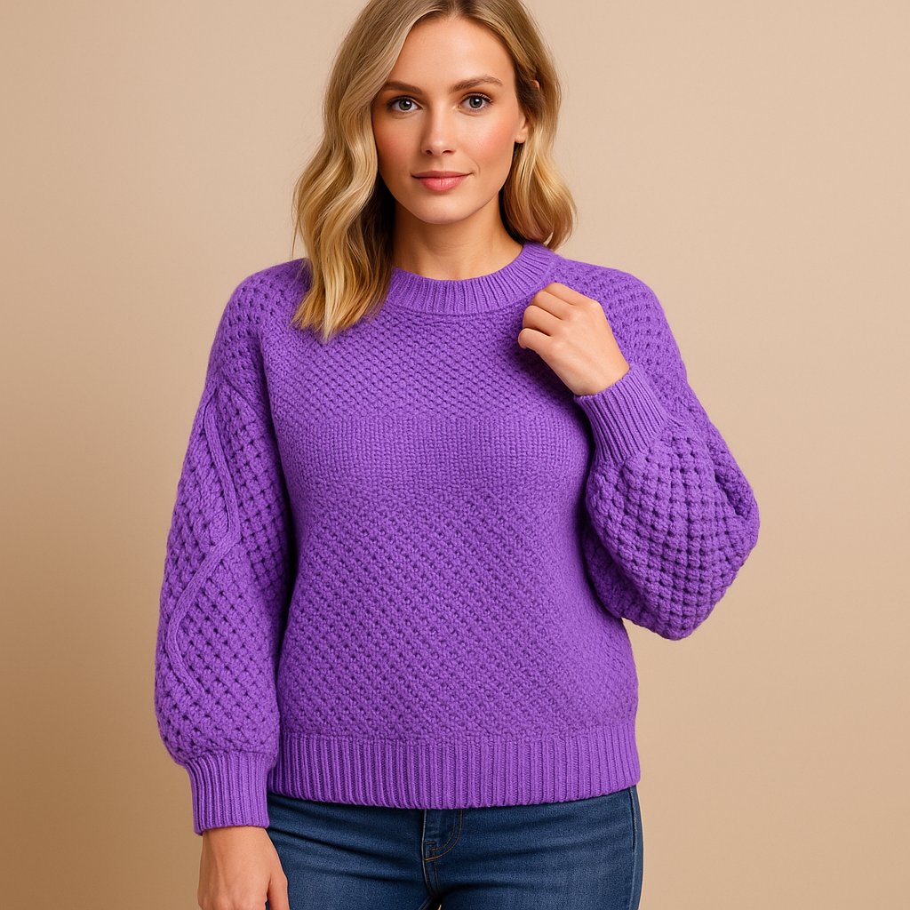 Dames Zachte Gebreide Crew-Neck Pullover met Kabelpatroon Mouwen - Violet