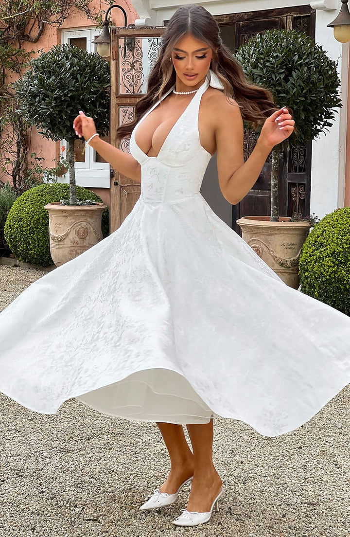 Phoebe | Dames Bruiloft Gasten Halter Midi Jurk