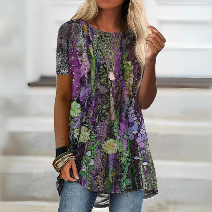 Athena | Dames Top met Artistieke Print en Korte Mouwen