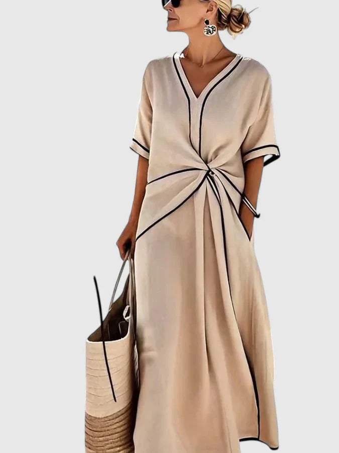 Julia | Dames V-hals Midi Jurk met Strikceintuur
