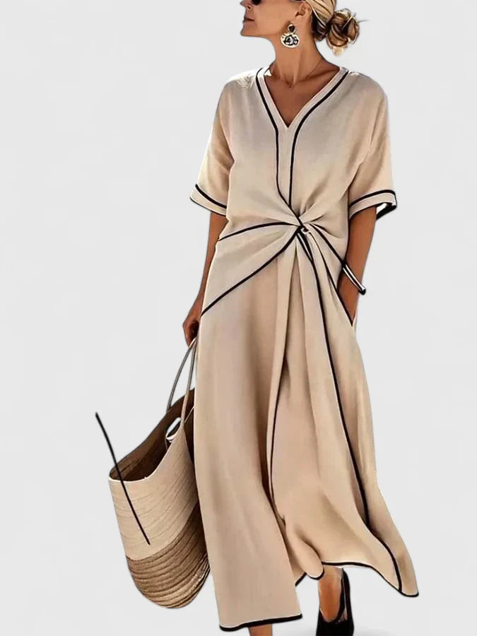 Julia | Dames V-hals Midi Jurk met Strikceintuur