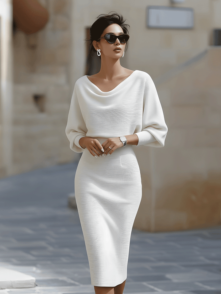 Vivian | Dames Bodycon Midi Jurk Met Boothals En Vleermuismouwen