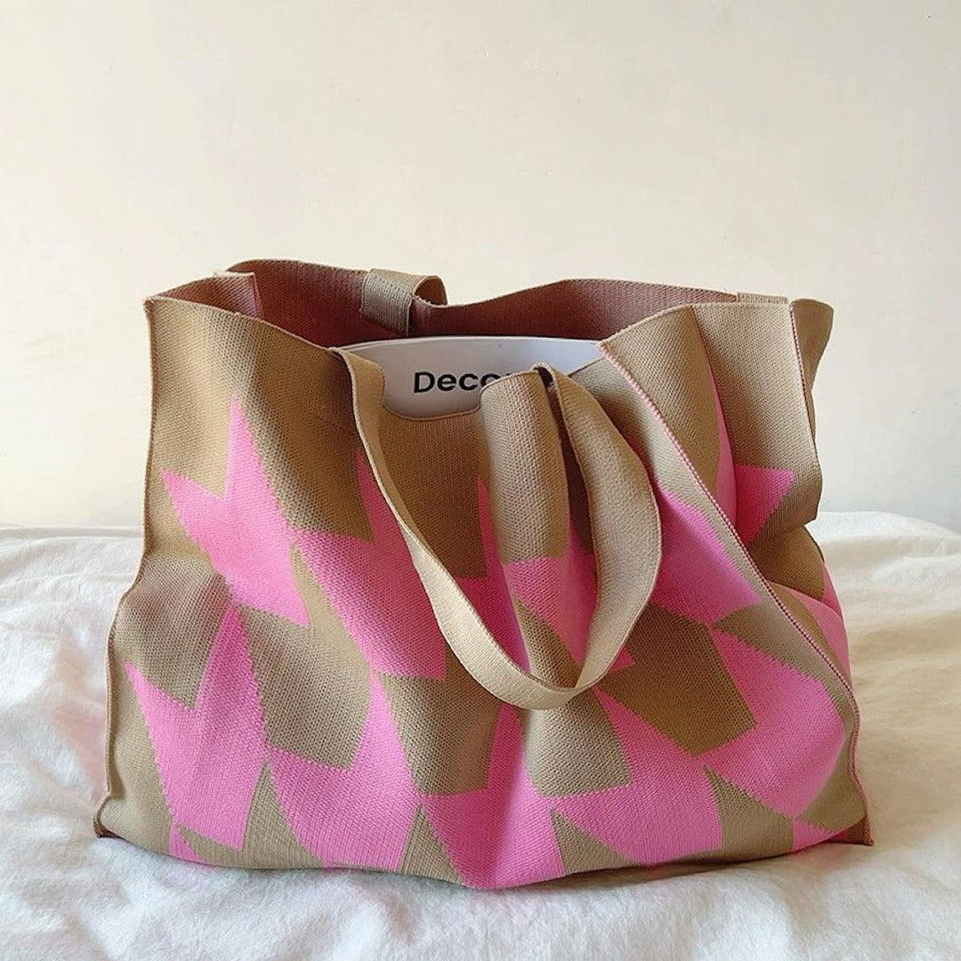 Grafische Canvas Tote Bag Ruime Beige Roze Shopper - Rosa