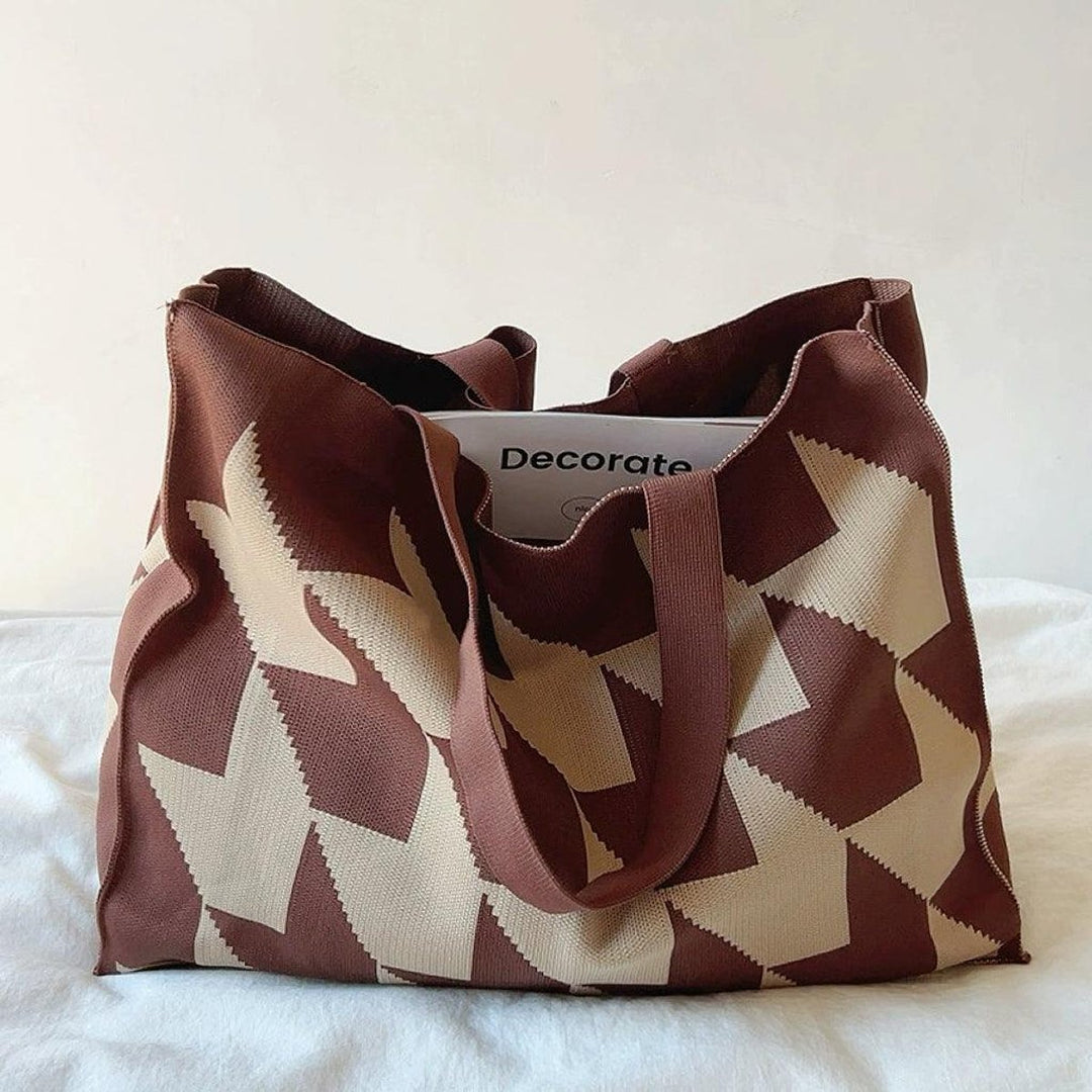 Grafische Canvas Tote Bag Ruime Beige Roze Shopper - Braun