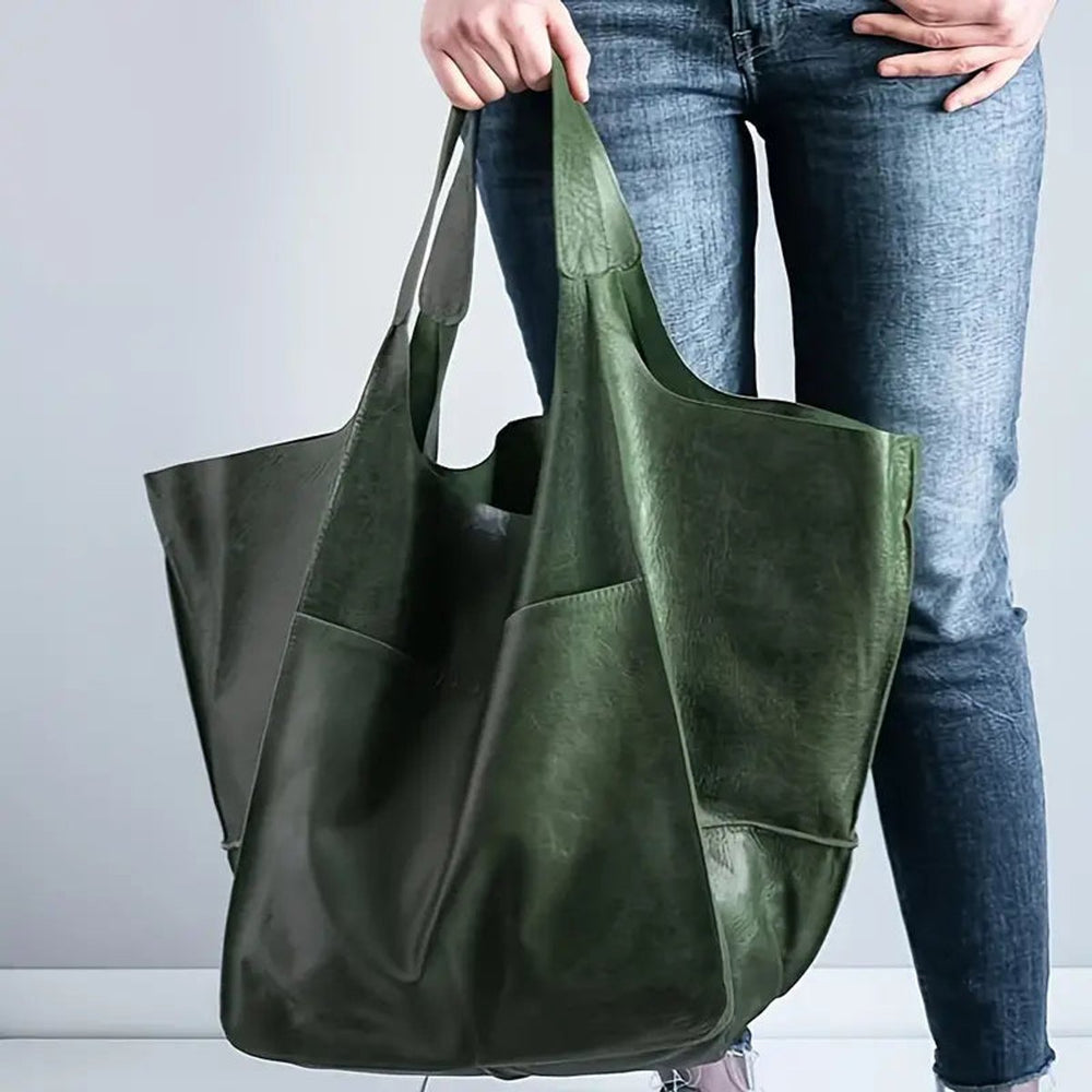 Grote Oversized Kunstleren Tote Bag met Magneetsluitng - Olive