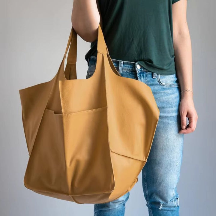 Grote Oversized Kunstleren Tote Bag met Magneetsluitng - Senf