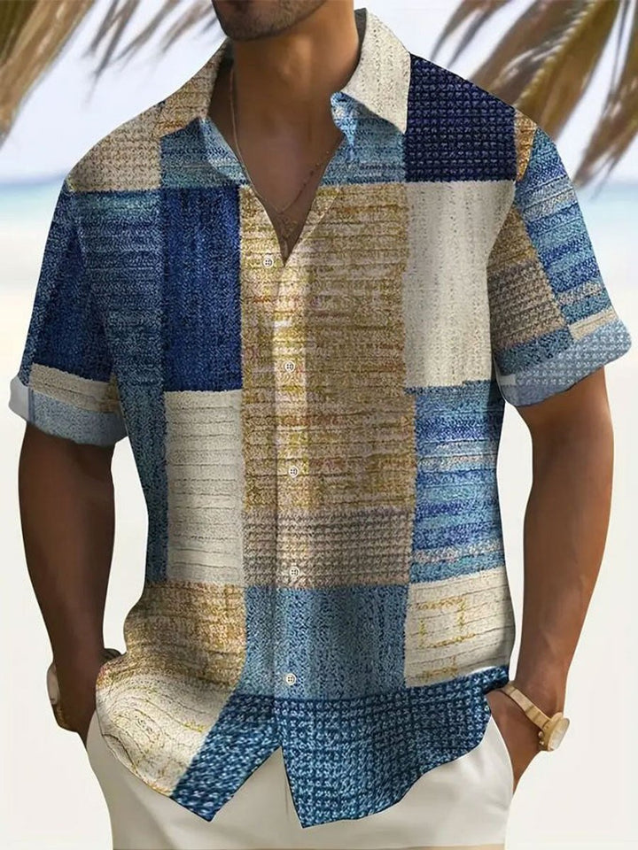 Heren Casual Geruit Kortmouwen Overhemd met Knoopsluiting - Blauw