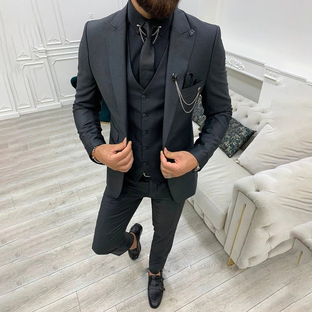 Heren Driedelig Notch Lapel Enkelrije Pak Set - Black