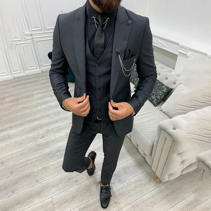 Heren Driedelig Notch Lapel Enkelrije Pak Set - Black