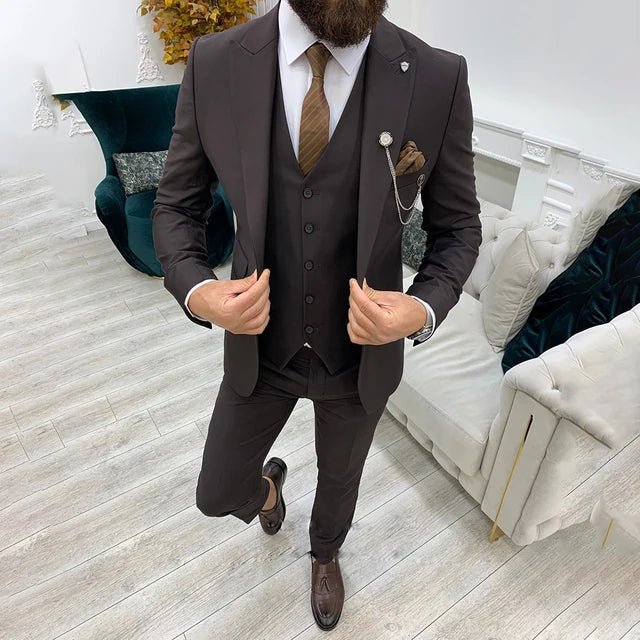 Heren Driedelig Notch Lapel Enkelrije Pak Set - Brown