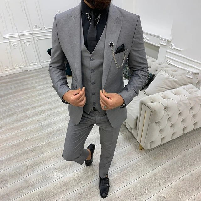 Heren Driedelig Notch Lapel Enkelrije Pak Set - Gray