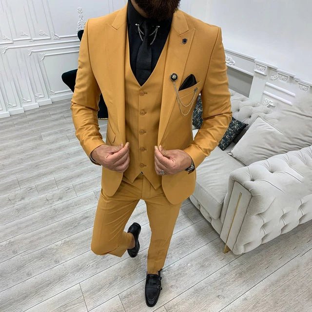 Heren Driedelig Notch Lapel Enkelrije Pak Set - Yellow