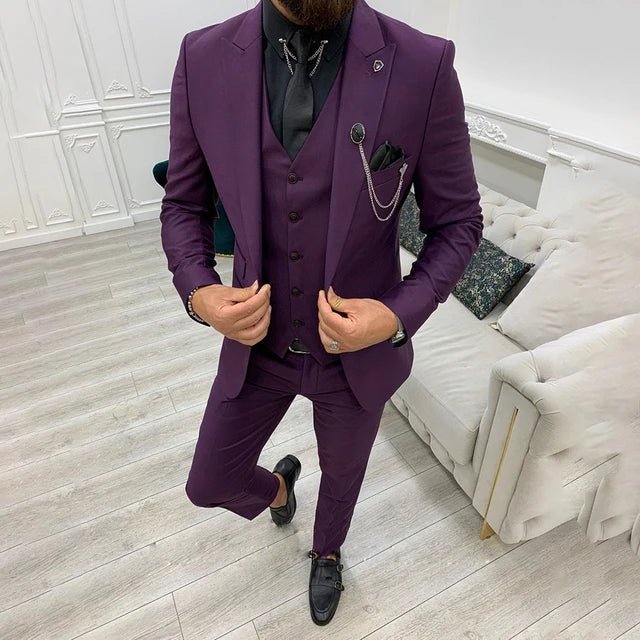 Heren Driedelig Notch Lapel Enkelrije Pak Set - Purple