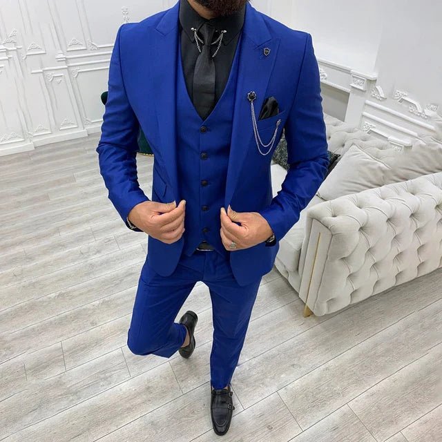 Heren Driedelig Notch Lapel Enkelrije Pak Set - Blue