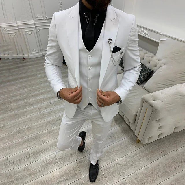 Heren Driedelig Notch Lapel Enkelrije Pak Set - White