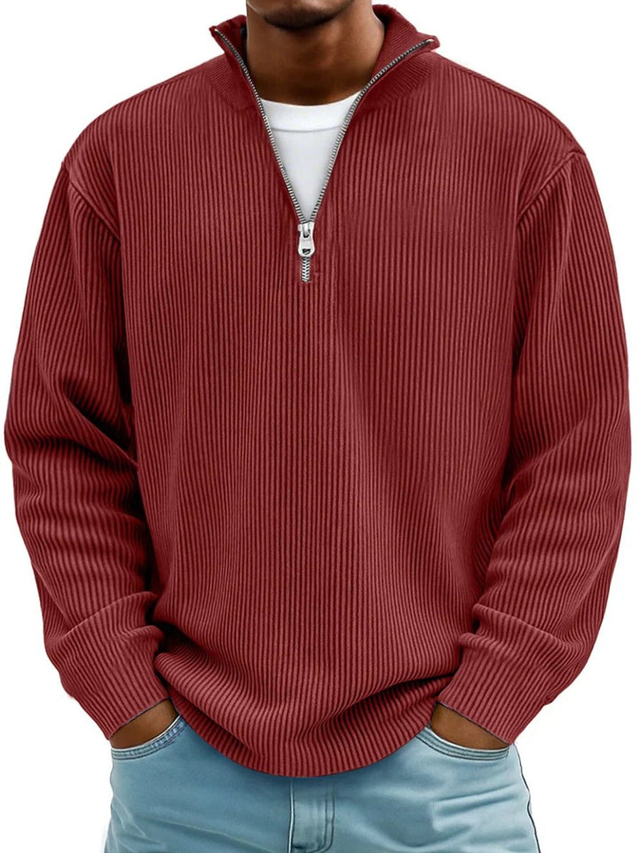 Heren Geribbelde Half-Zip Pullover Sweater - Rood