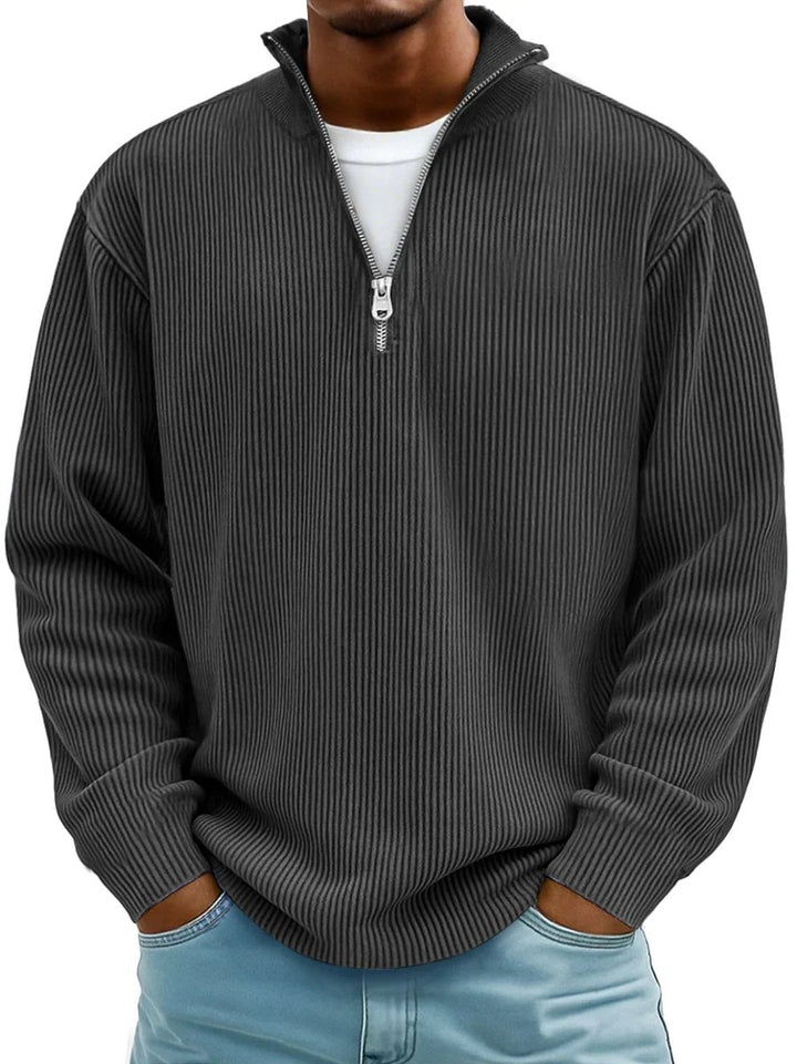 Heren Geribbelde Half-Zip Pullover Sweater - Zwart