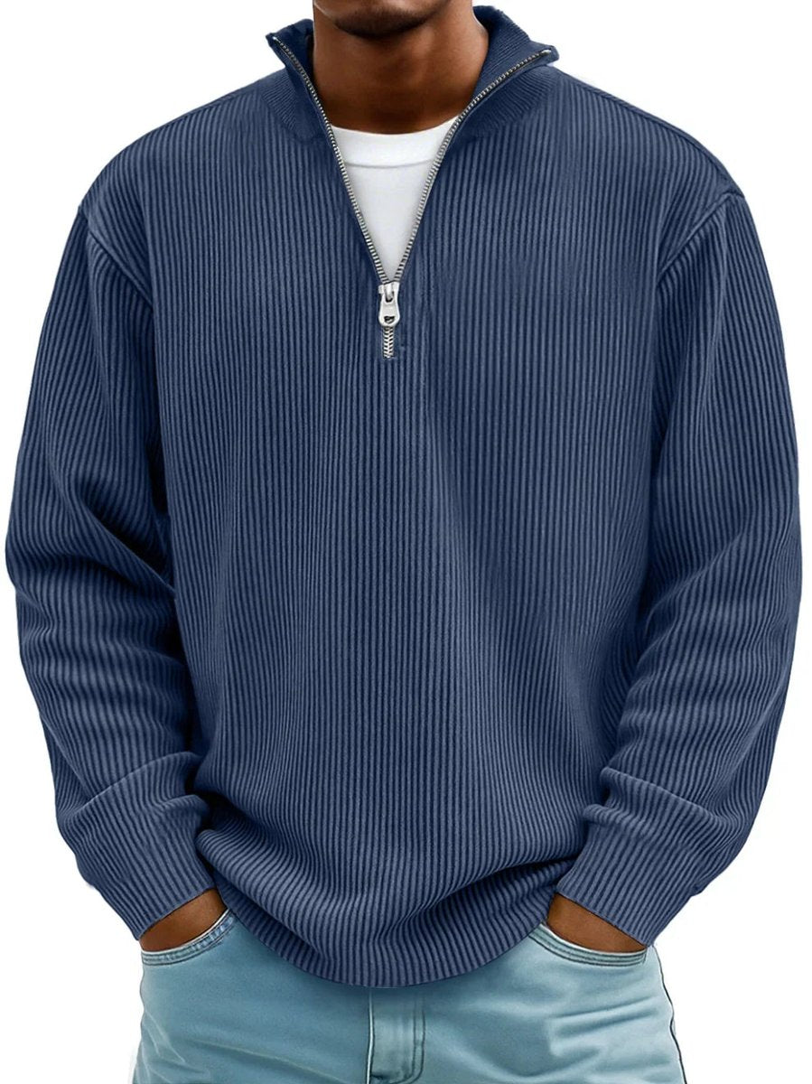 Heren Geribbelde Half-Zip Pullover Sweater - Marineblauw