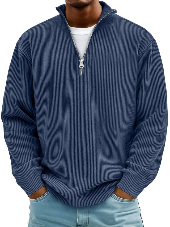 Heren Geribbelde Half-Zip Pullover Sweater - Marineblauw