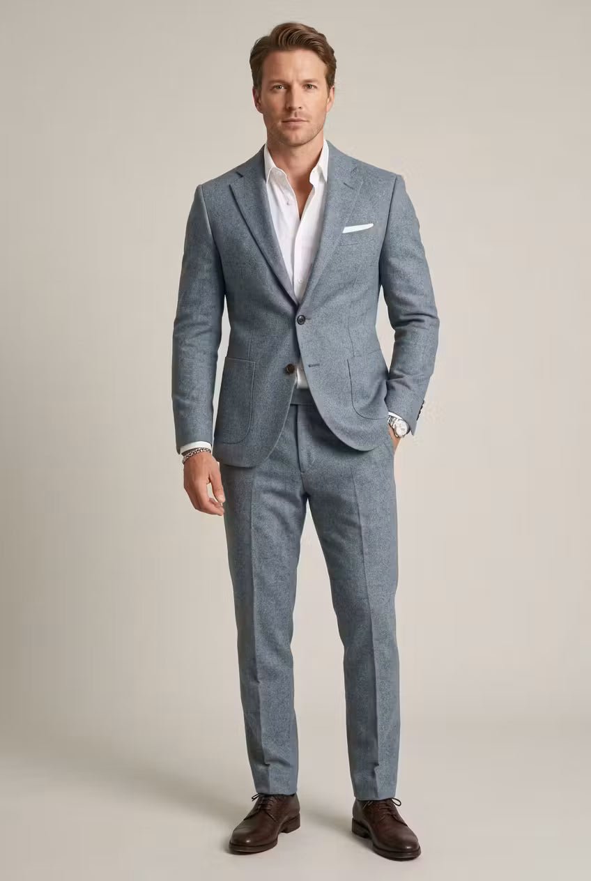 Heren Grijsblauwe Two-Piece Set Slim-Fit Formeel Pak - Light Blue