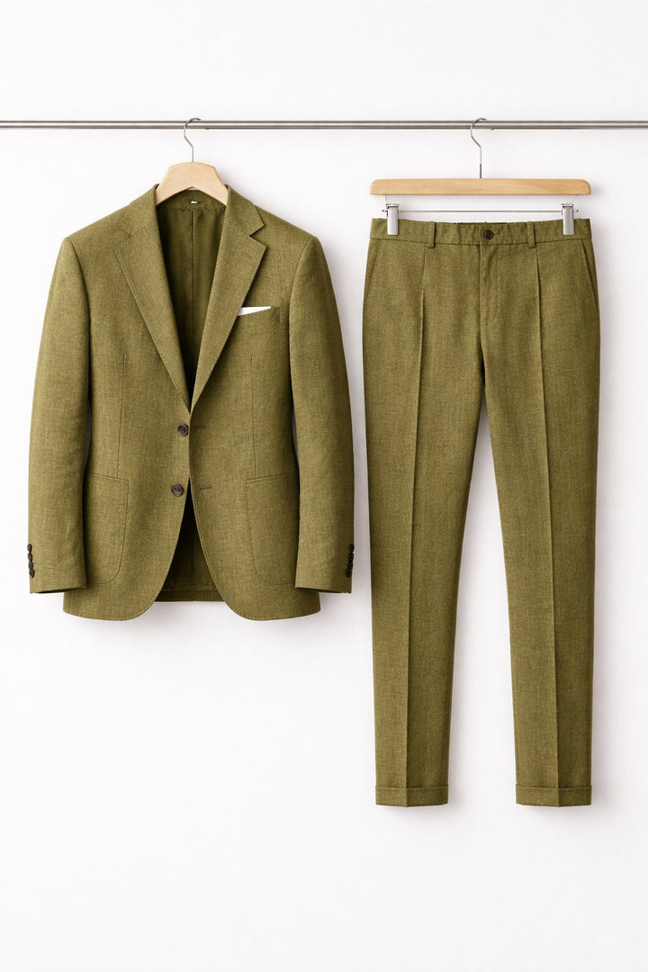 Heren Grijsblauwe Two-Piece Set Slim-Fit Formeel Pak - Olive Green