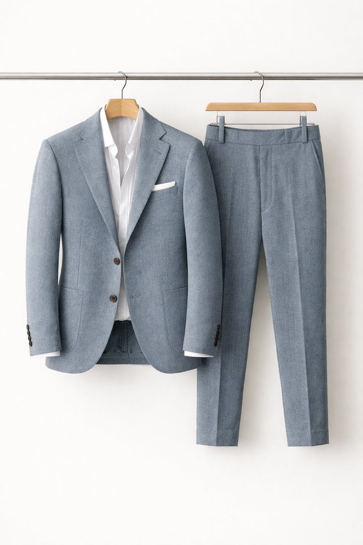 Heren Grijsblauwe Two-Piece Set Slim-Fit Formeel Pak