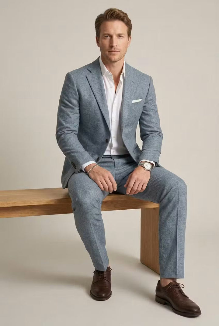 Heren Grijsblauwe Two-Piece Set Slim-Fit Formeel Pak