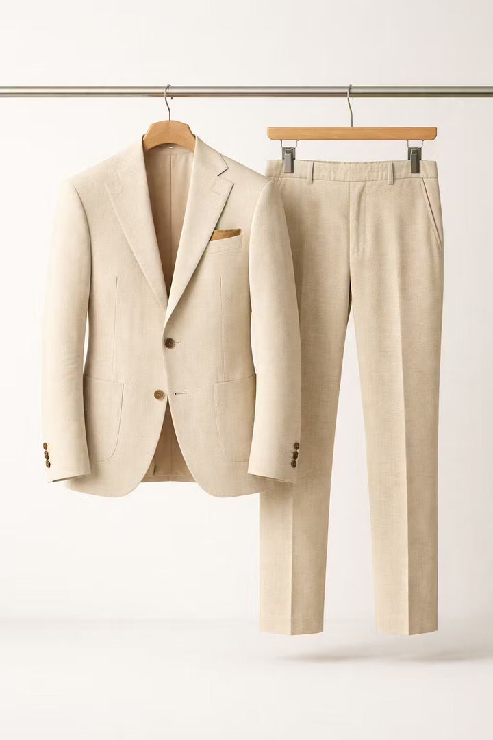 Heren Grijsblauwe Two-Piece Set Slim-Fit Formeel Pak - Beige
