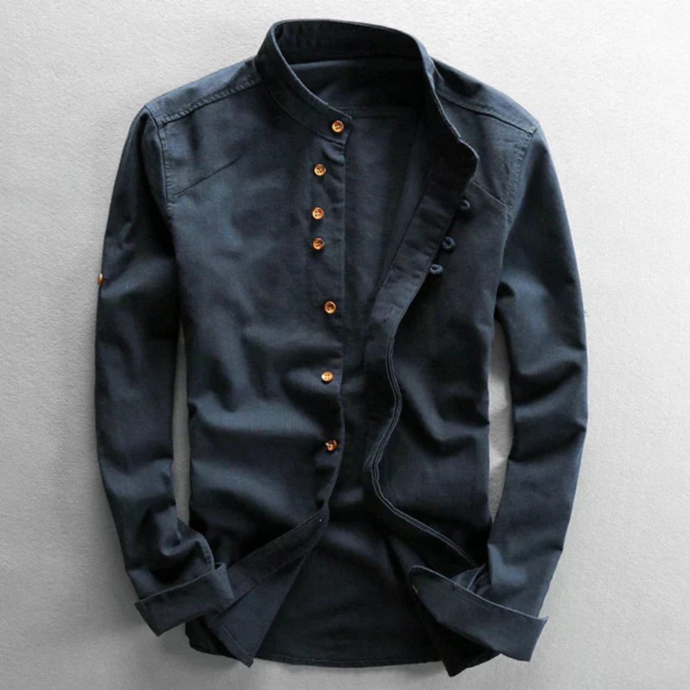 Heren Japans Katoenen Overhemd Staande Kraag Kreukbestendig - Blauw