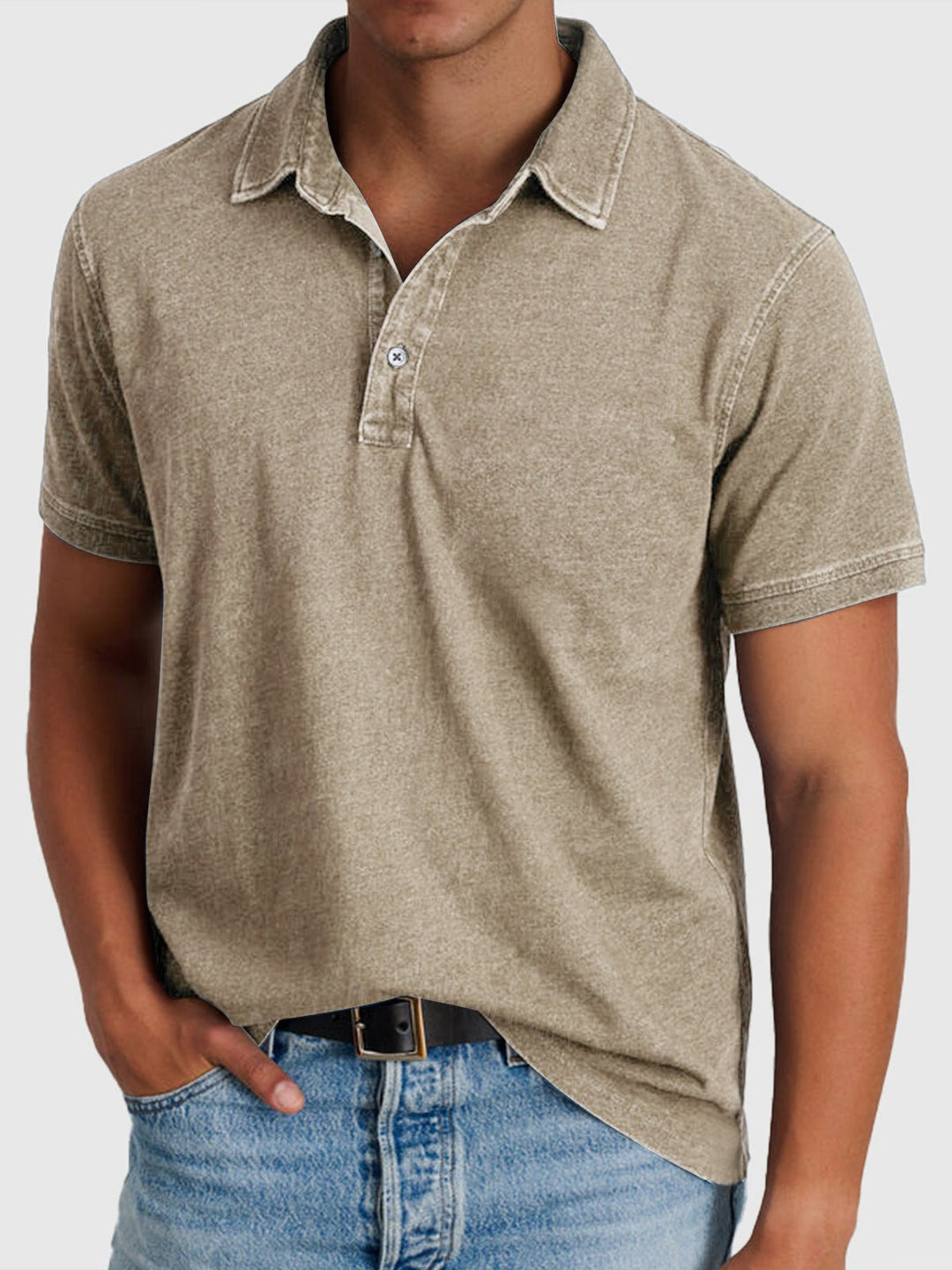 Heren Katoen-Denim Korte Mouwen Polo Shirt - Khaki