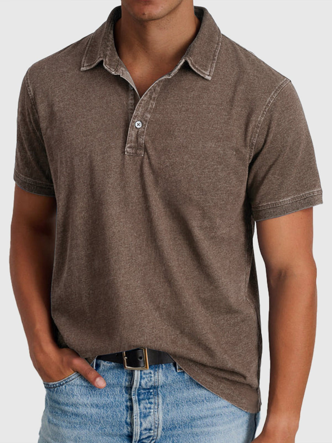 Heren Katoen-Denim Korte Mouwen Polo Shirt - Brown
