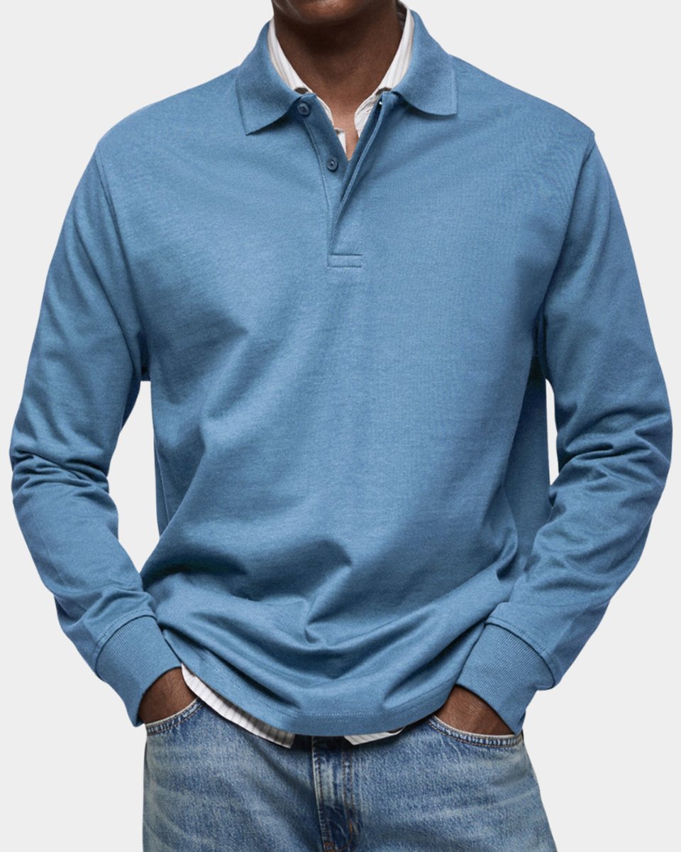 Heren Klassiek Langarm Poloshirt met Polokraag - Lichtblauw