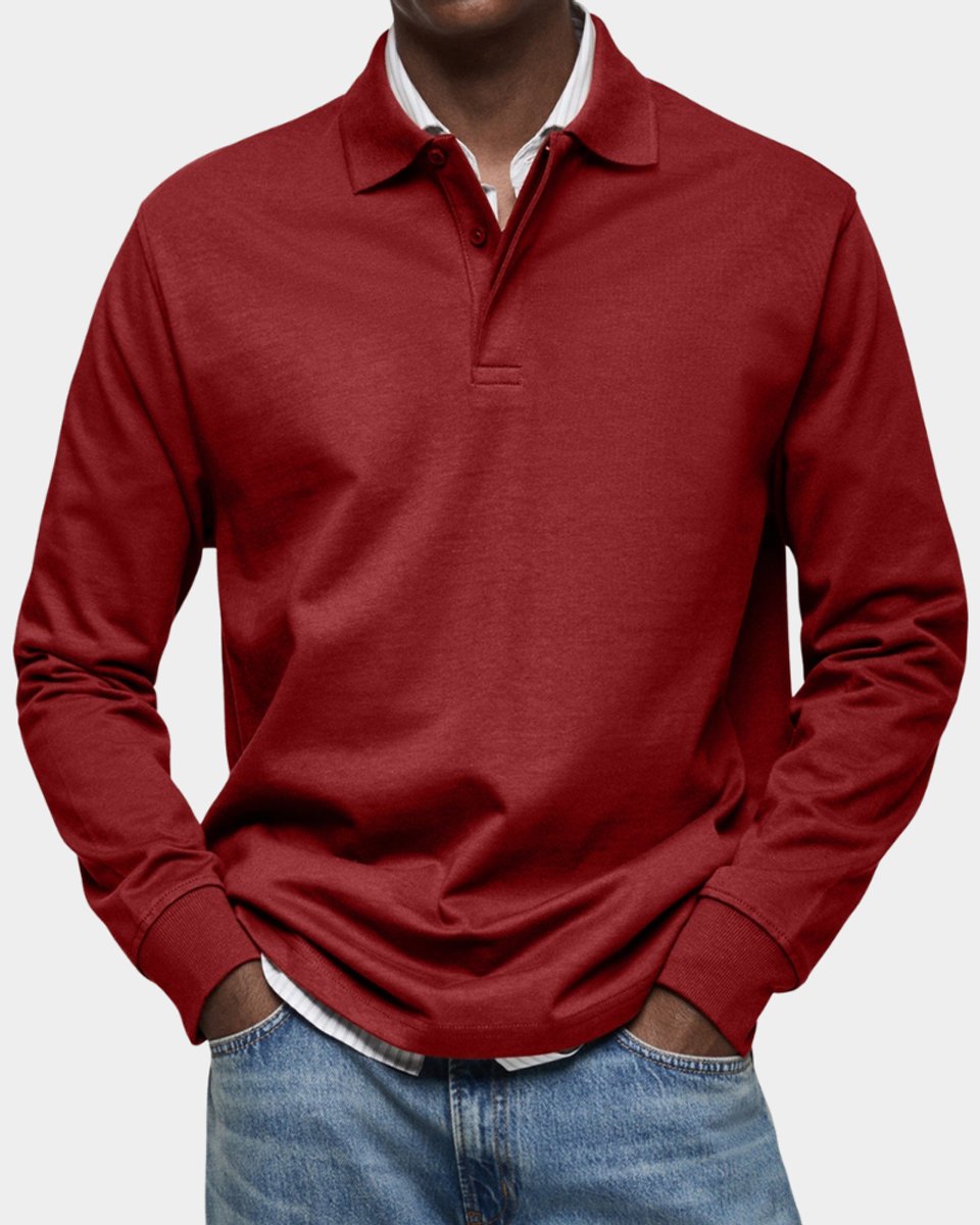 Heren Klassiek Langarm Poloshirt met Polokraag - Rood